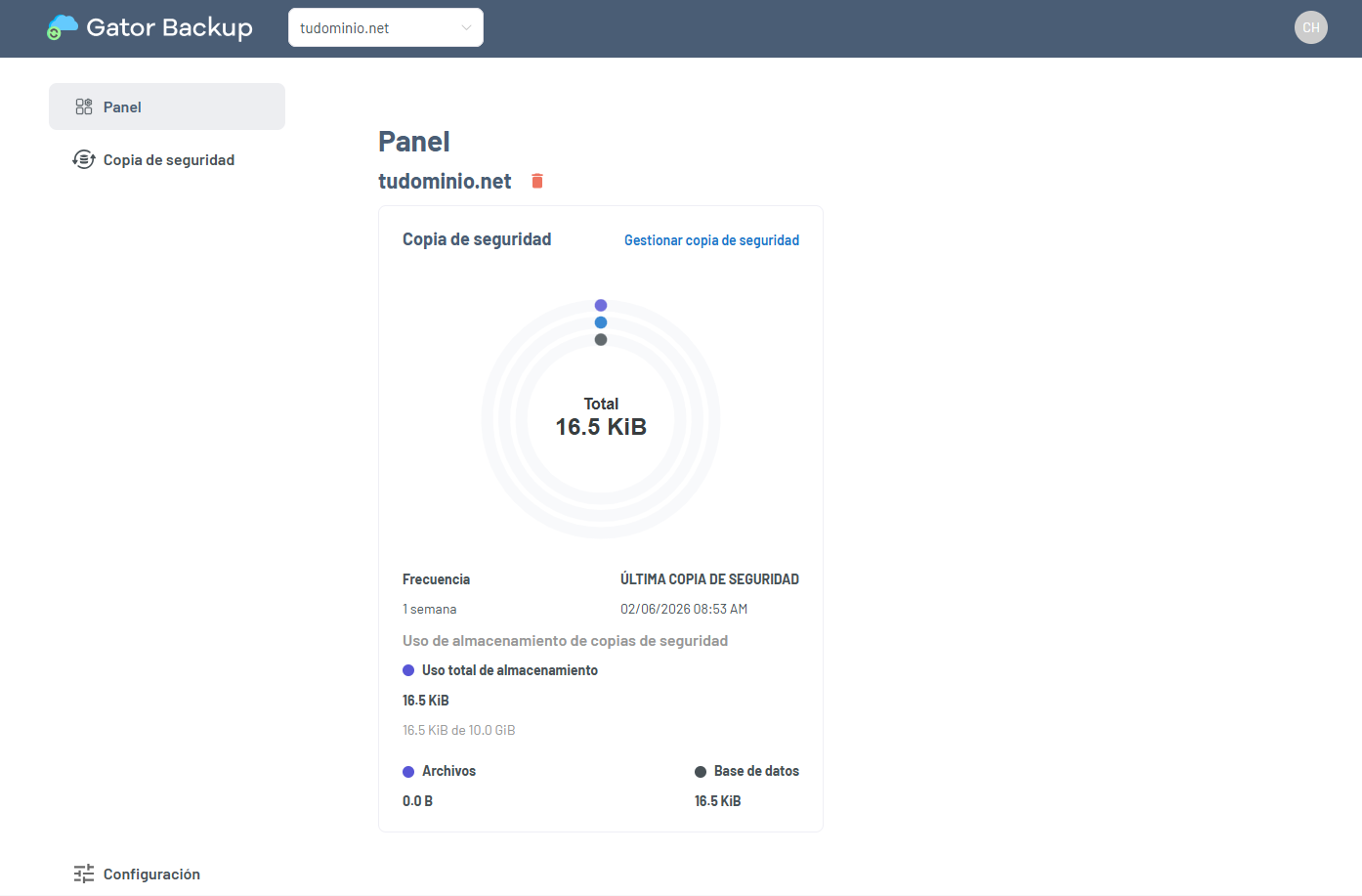 Imagen del panel de control de Gator Backup que muestra información sobre el almacenamiento y la gestión de las copias de seguridad.