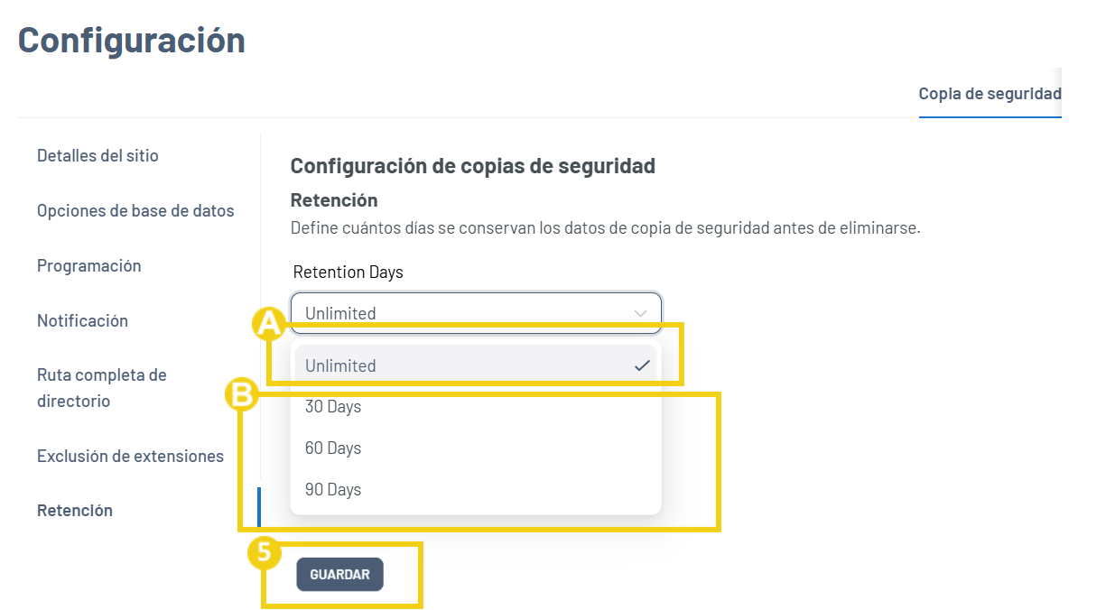 La imagen muestra la pantalla de Gator Backup para definir la retención