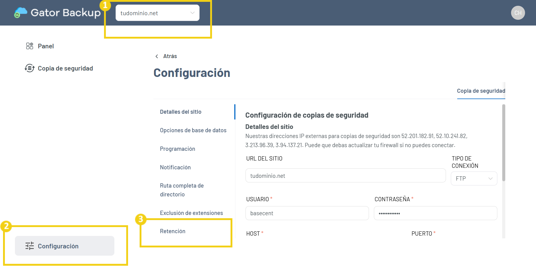 La imagen muestra la pantalla de Gator Backup con el flujo marcado para acceder al área de retención