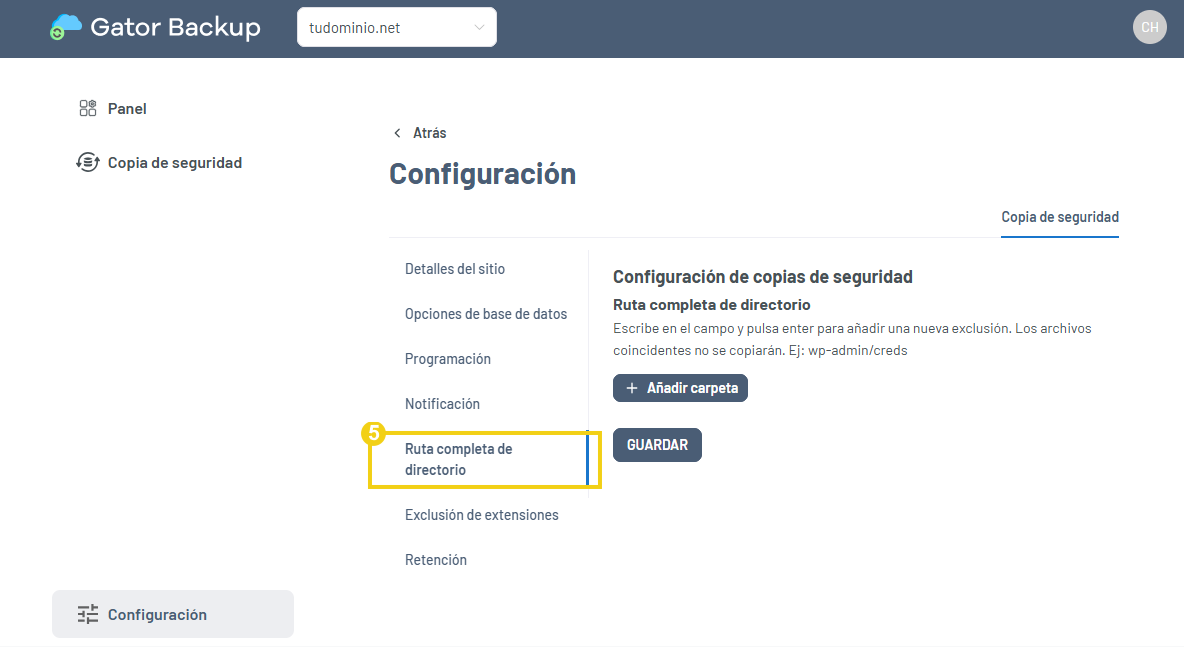 Panel de gestión con la opción Ruta completa del directorio resaltada
