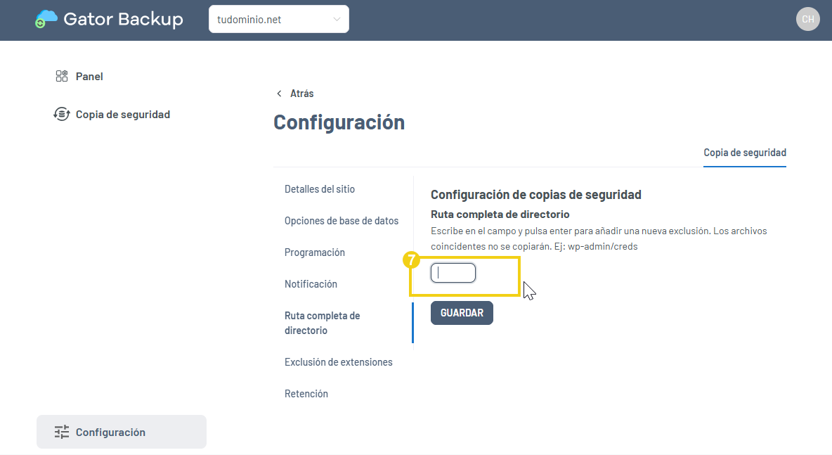 Gator Backup — campo para ingresar el directorio que será excluido de la copia de seguridad