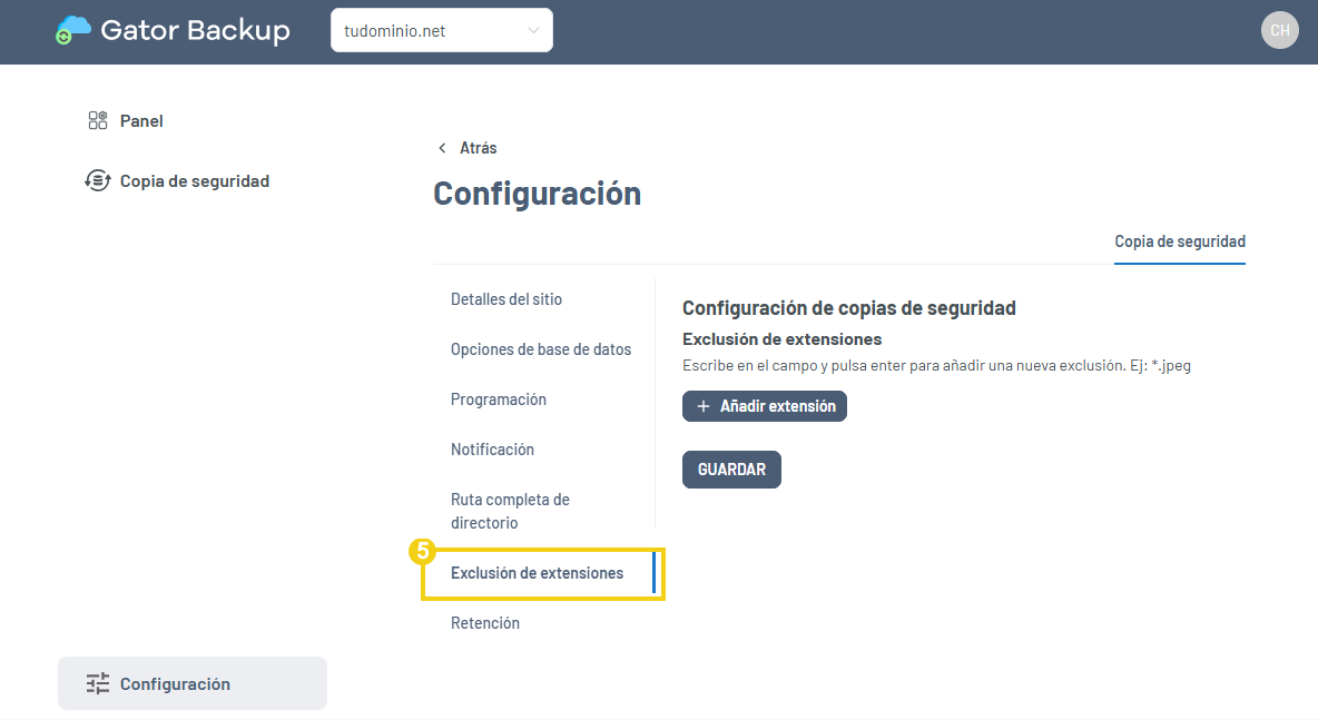 Gator Backup — pantalla de gestión con la opción Exclusiones de extensión resaltada