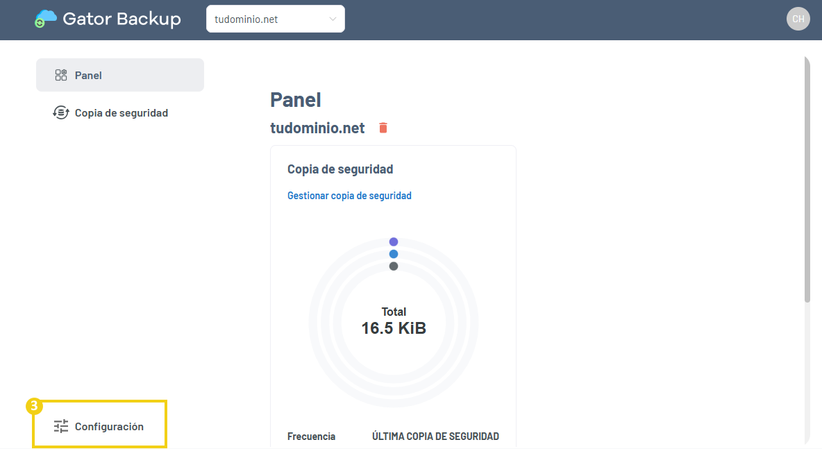 Área de gestión con la opción del menú izquierdo Configuración resaltada