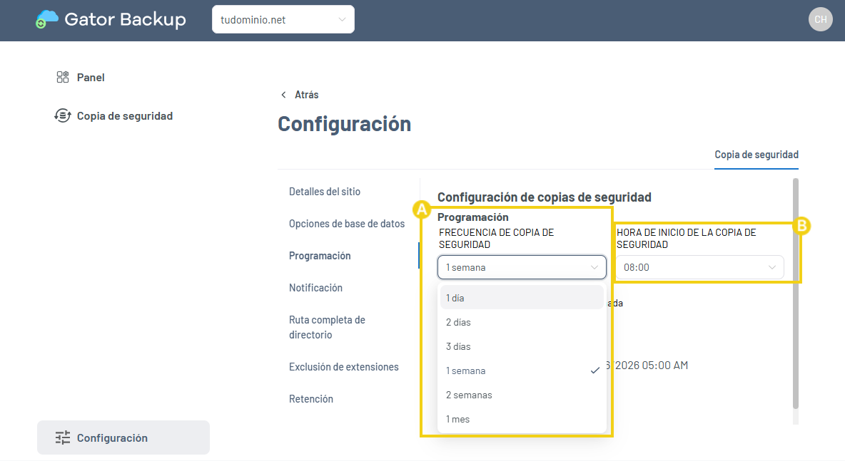 Gator Backup — pantalla con las opciones de frecuencia de backup y hora de inicio para configurar