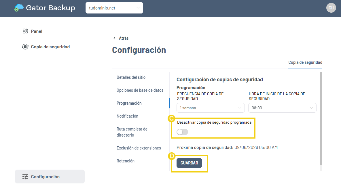 Gator Backup — panel con la opción para deshabilitar el backup programado y el botón Guardar resaltados