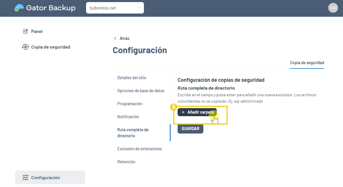 Gator Backup — pantalla con el botón +Agregar carpeta para especificar el directorio resaltado