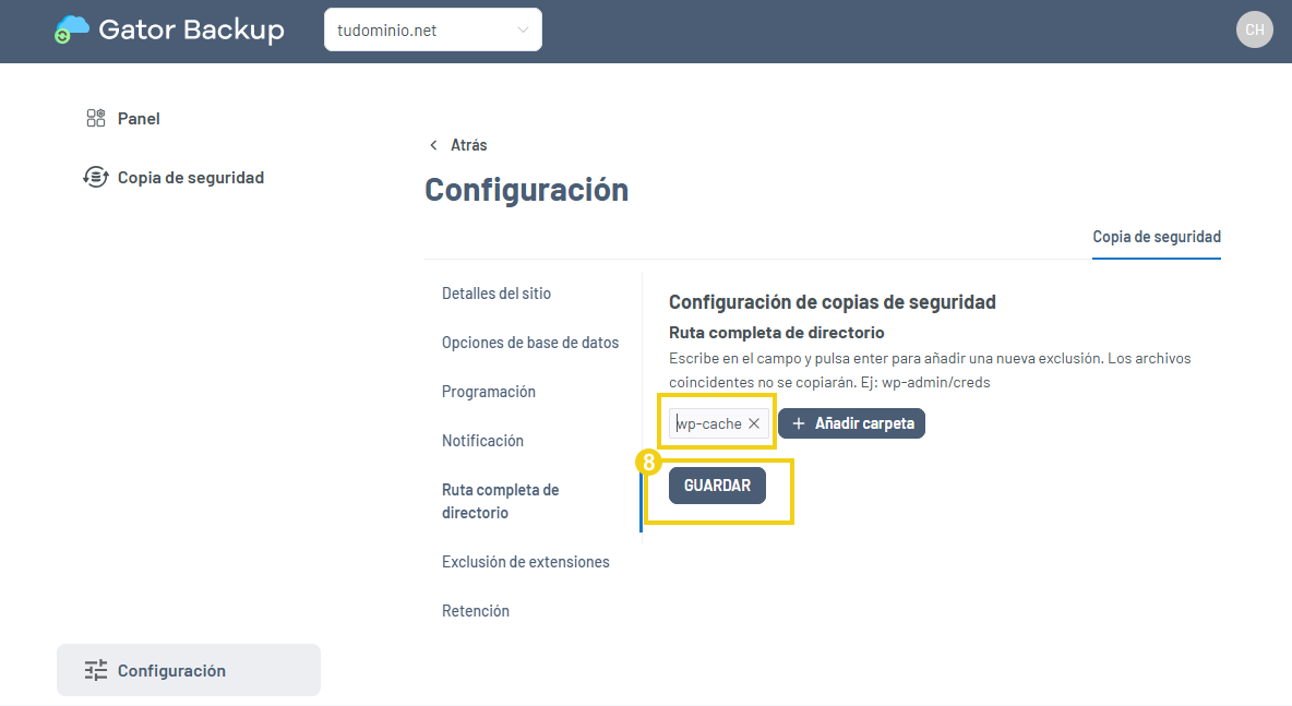 Pantalla con el botón Guardar resaltado
