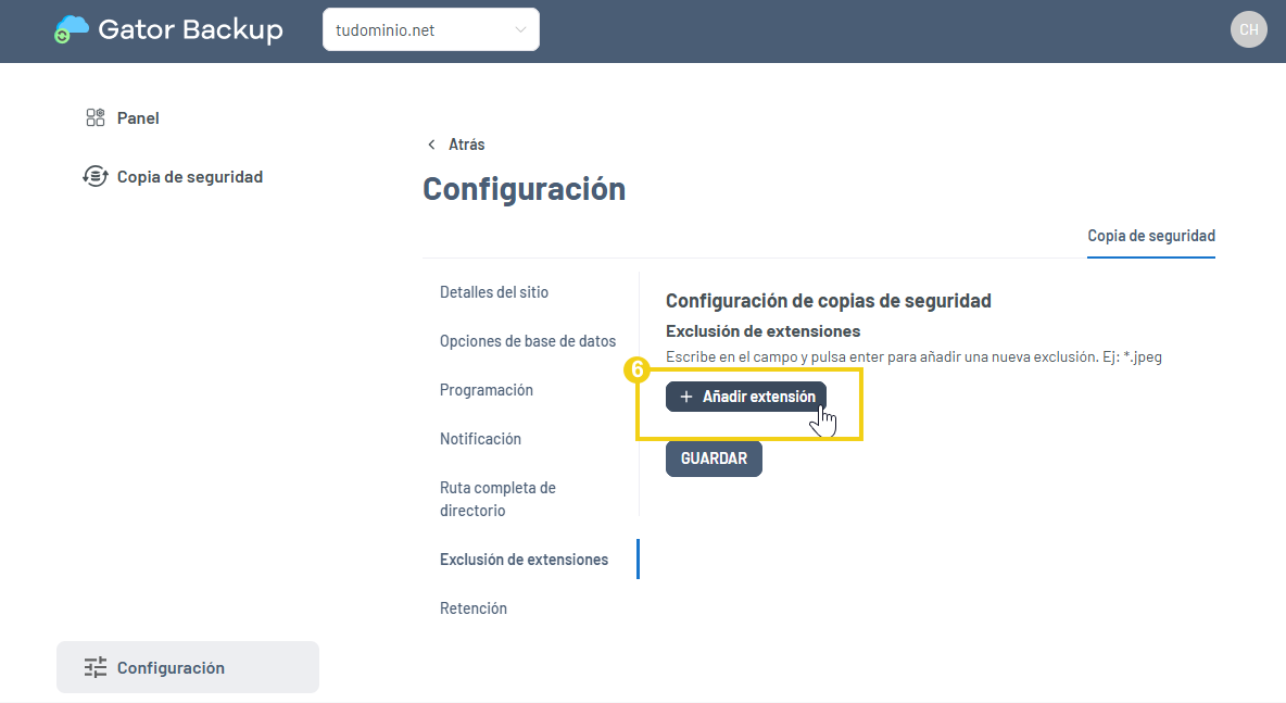 Pantalla con el botón +Agregar extensión resaltado para ingresar la extensión deseada