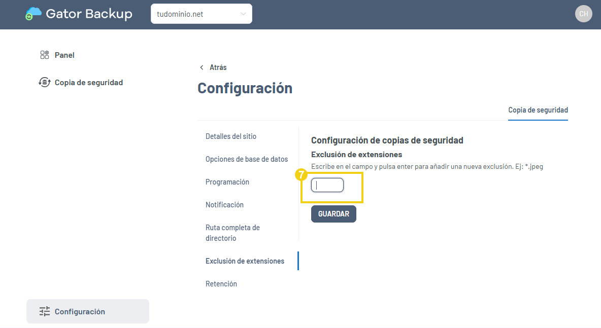 Página de exclusión de extensiones con el campo destacado