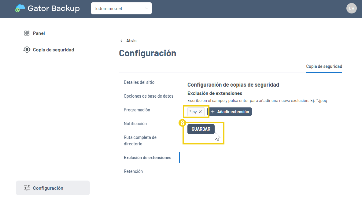 Página de exclusión de extensiones con el botón Guardar resaltado