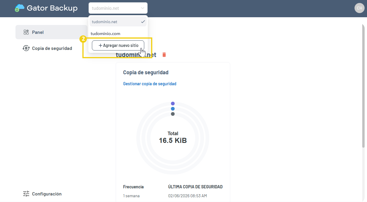Gator Backup — panel de gestión con la opción Agregar nuevo sitio resaltada