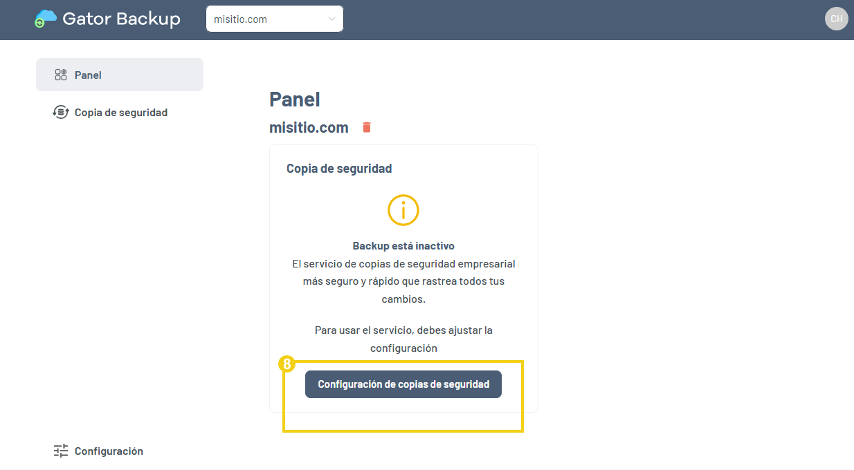 Pantalla con la opción Configuración de backup resaltada
