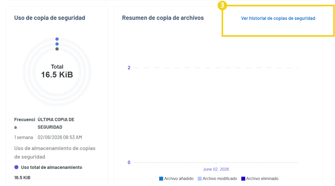 Gator Backup — pantalla Backup con el botón Ver Historial de Backup en destaque