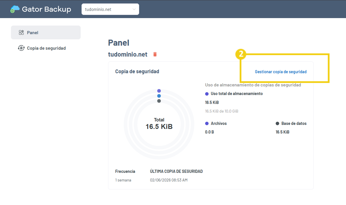 Gator Backup — pantalla Panel con el botón Administrar Backup en destaque