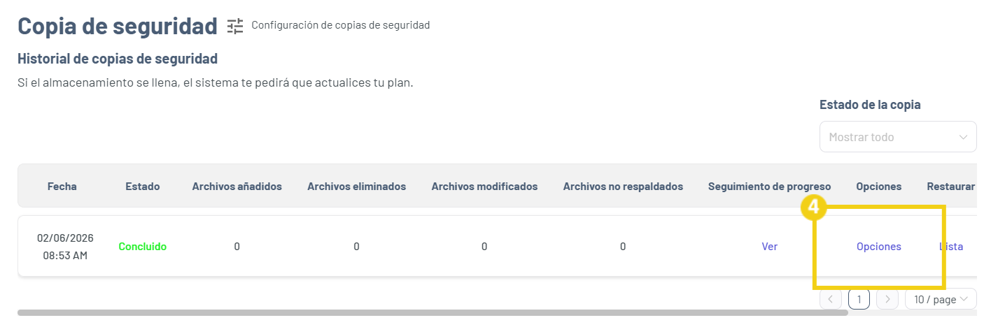 Gator Backup — pantalla Historial de Backup con el botón Opciones en destaque