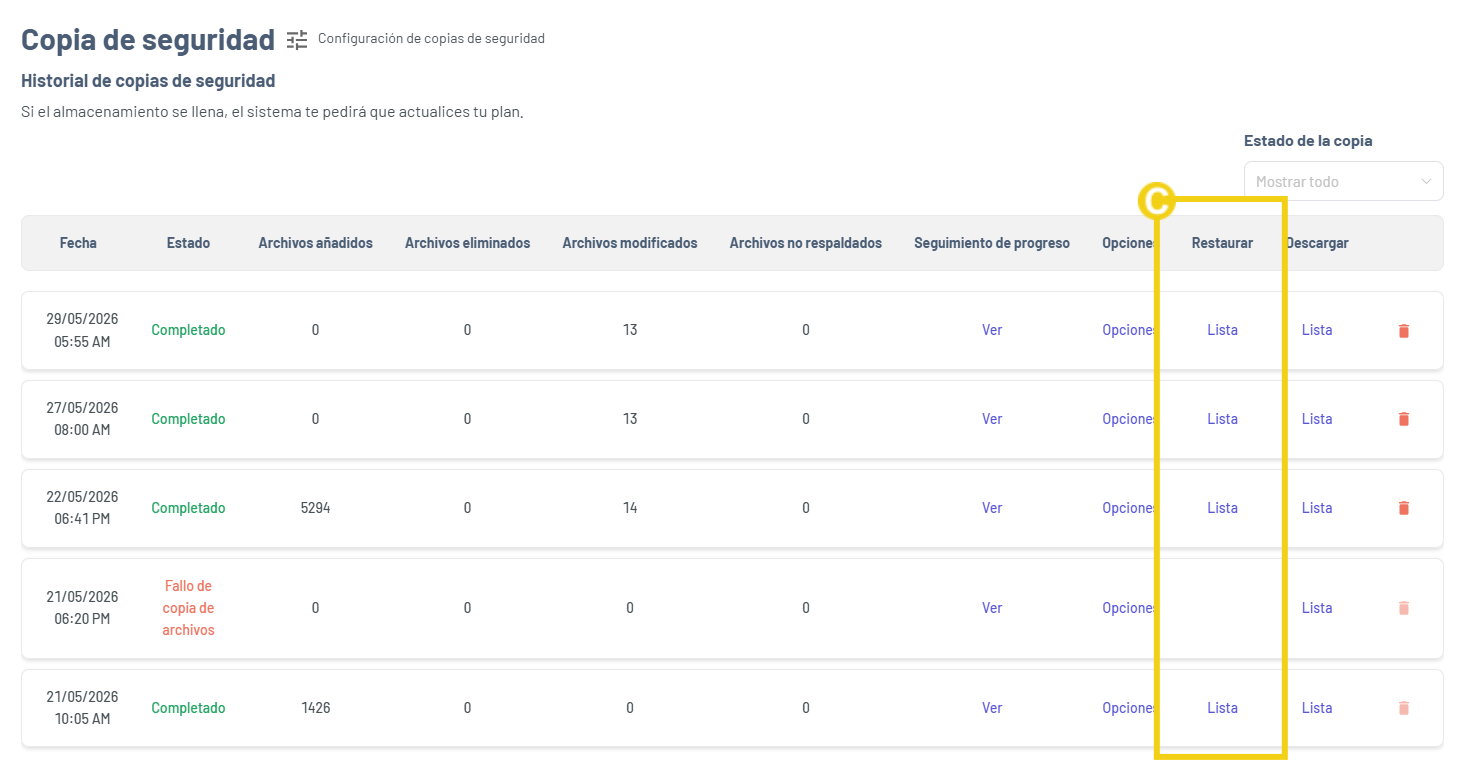 La imagen muestra la pantalla de Gator Backup con el listado de los backups generados y la marcación en la columna restaurar