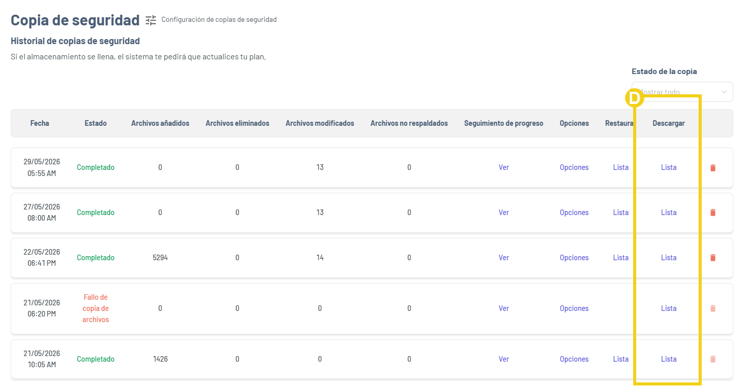 La imagen muestra la pantalla de Gator Backup con el listado de los backups generados y la marcación en la columna descargar