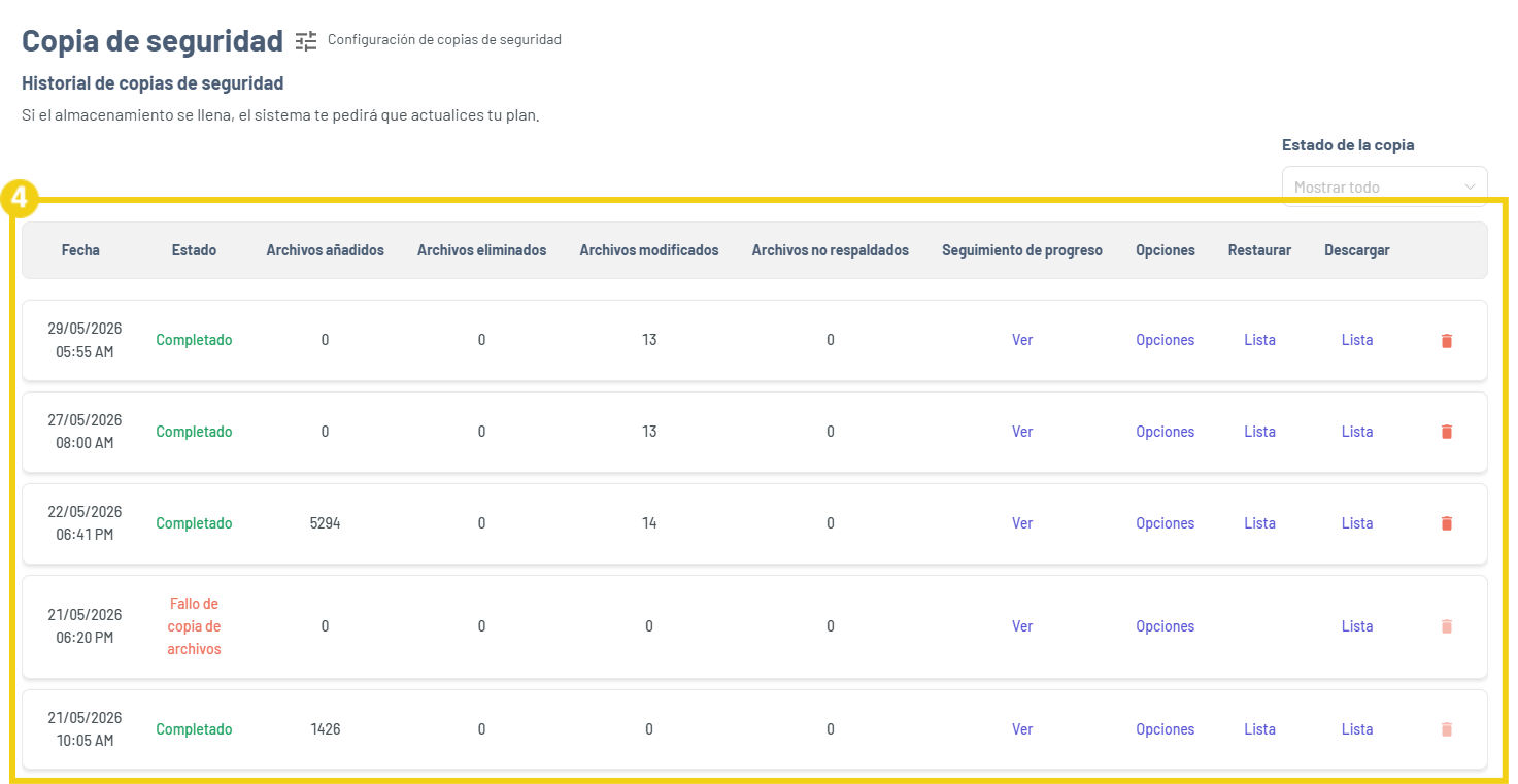 La imagen muestra la pantalla de Gator Backup con el listado de los backups generados