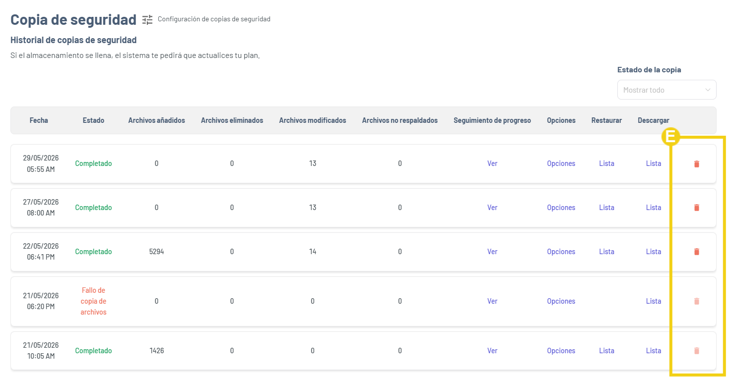La imagen muestra la pantalla de Gator Backup con el listado de los backups generados y la marcación en la columna con los íconos de papelera para eliminar
