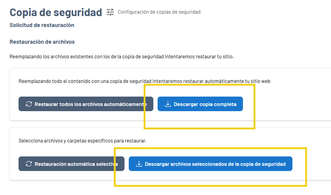 La imagen muestra la pantalla de Gator Backup en el área de restauración, donde es posible descargar los archivos de backup