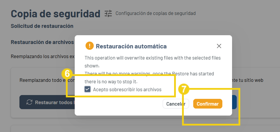 Gator Backup — ventana Restauración Automática con la casilla de verificación y el botón Confirmar en destaque
