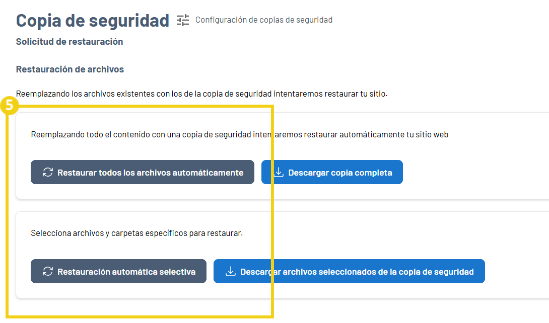 Gator Backup — pantalla de opciones con los botones Restaurar todos los archivos automáticamente y Restauración automática selectiva en destaque