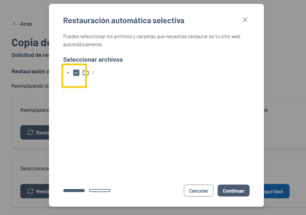 Gator Backup — pantalla Seleccionar Archivos con la casilla de verificación de carpeta en destaque