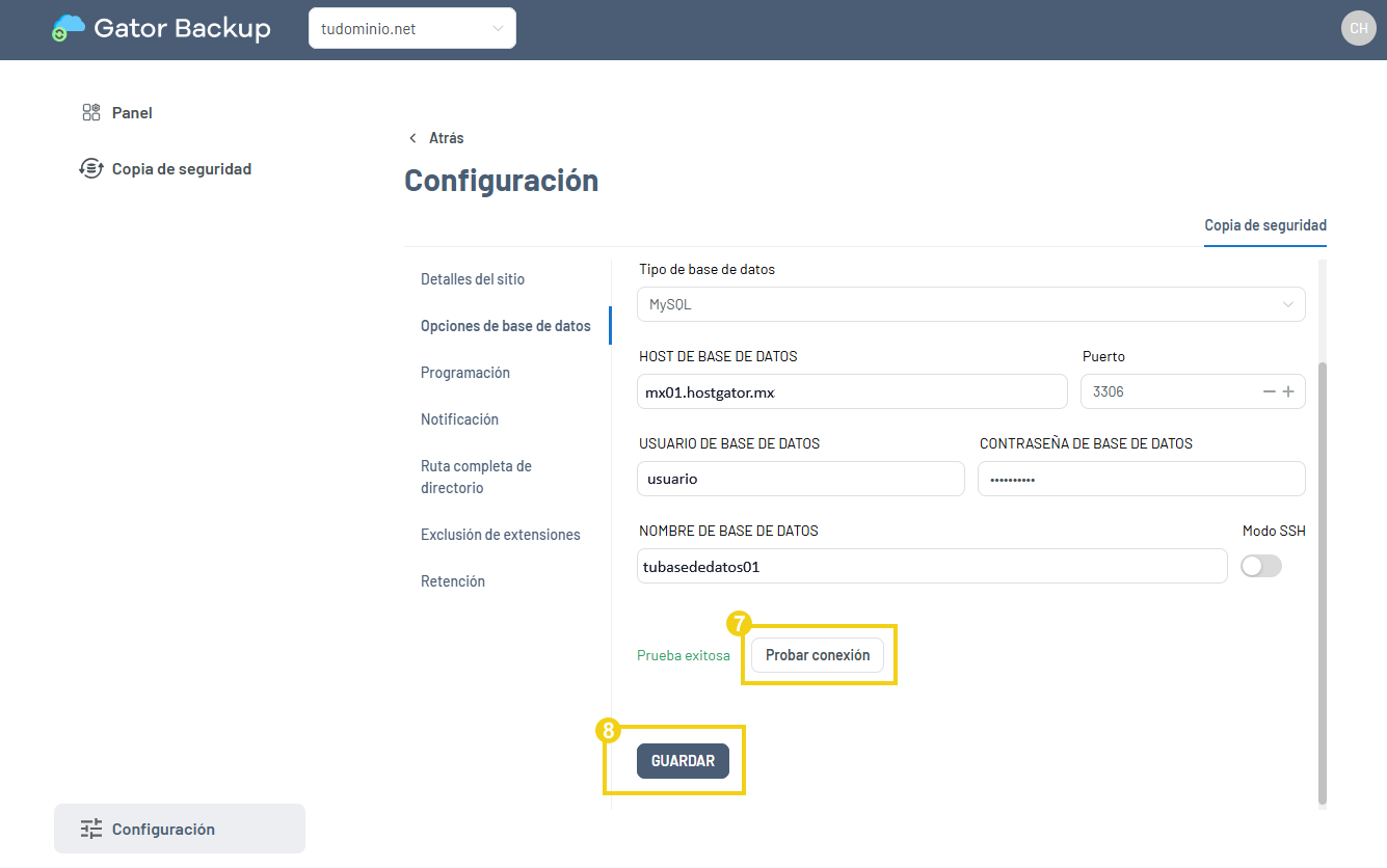 Área de configuración de base de datos con los botones Probar Conexión y Guardar resaltados