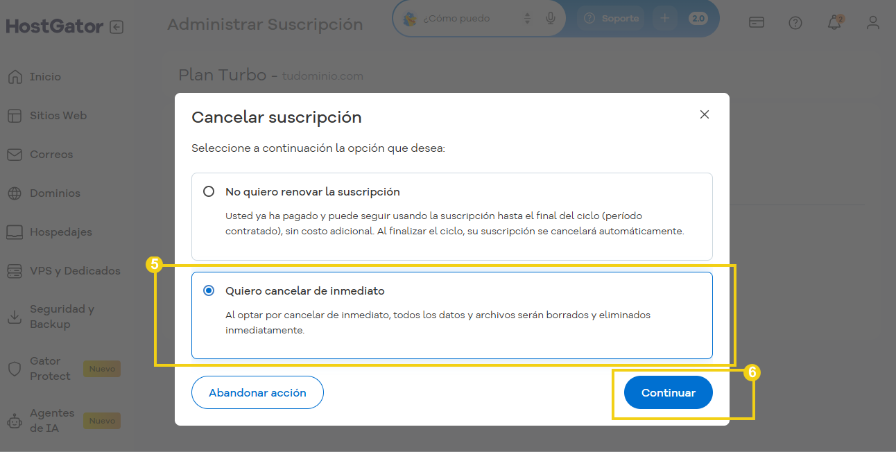 Imagen del portal de clientes de Hostgator que muestra las opciones de cancelación.