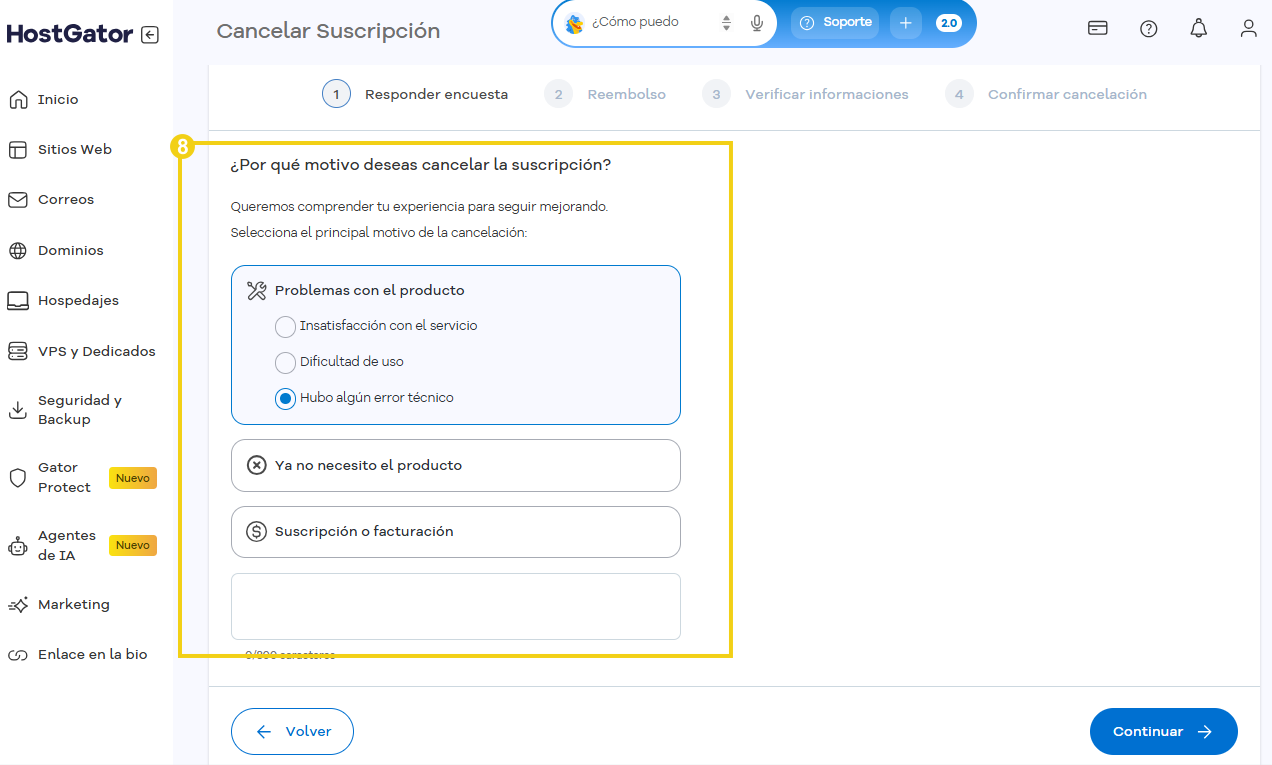 Captura de pantalla de una encuesta en la plataforma HostGator sobre razones para cancelar la suscripción, incluyendo opciones como cargo indebido, fin del proyecto, entre otros.