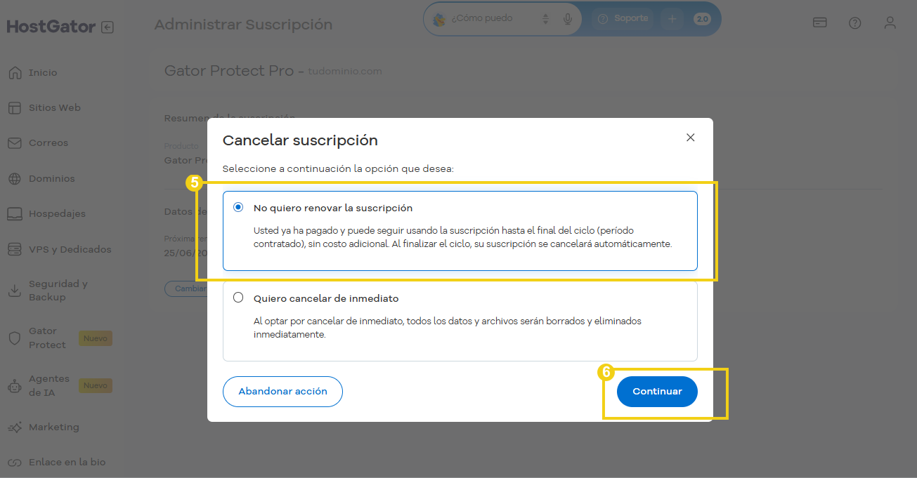 Pantalla de cancelación con la opción No quiero renovar la suscripción y el botón Continuar.