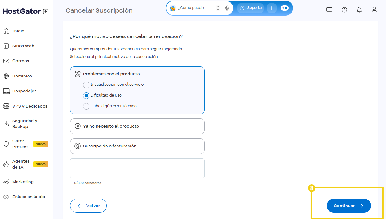Pantalla de cancelación de renovación en HostGator con el botón Continuar destacado.