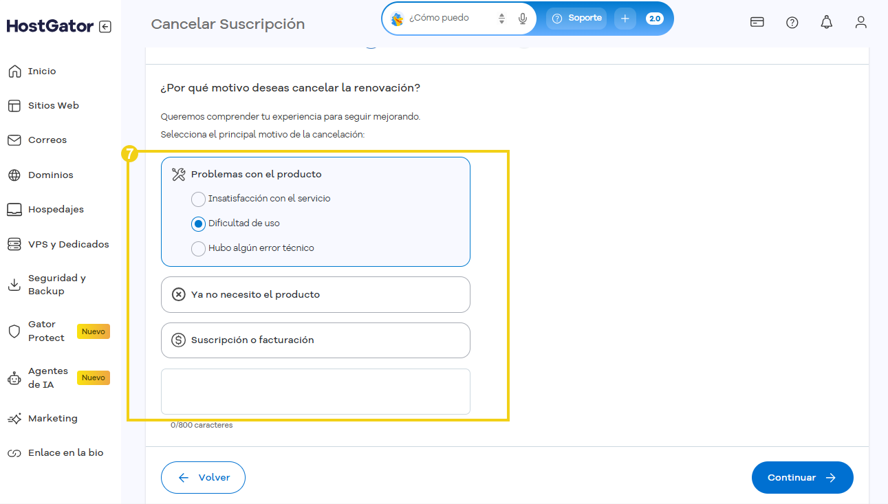 Encuesta de HostGator con los motivos para cancelar la suscripción y el campo de comentario.