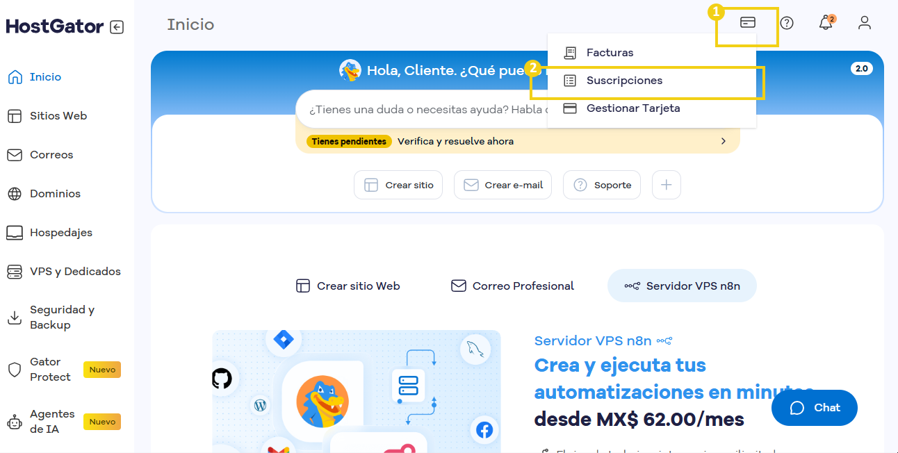 Captura de pantalla del panel de control de HostGator que muestra la opción de facturación y suscripción, destacando la opción de icono de tarjeta y la opción suscripciones