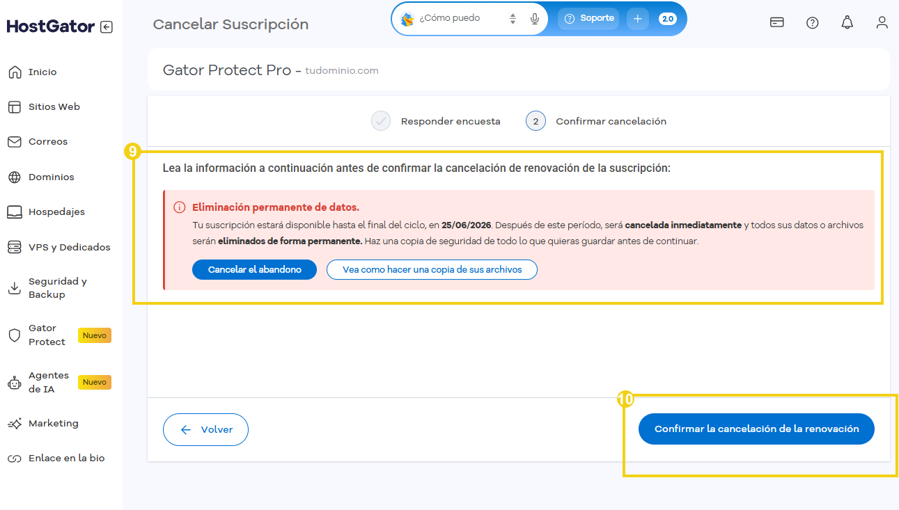 Panel de HostGator con el proceso de cancelación de renovación, el aviso de disponibilidad y el botón para confirmar.