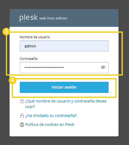 Pantalla de login de Plesk con campos de usuario y contraseña