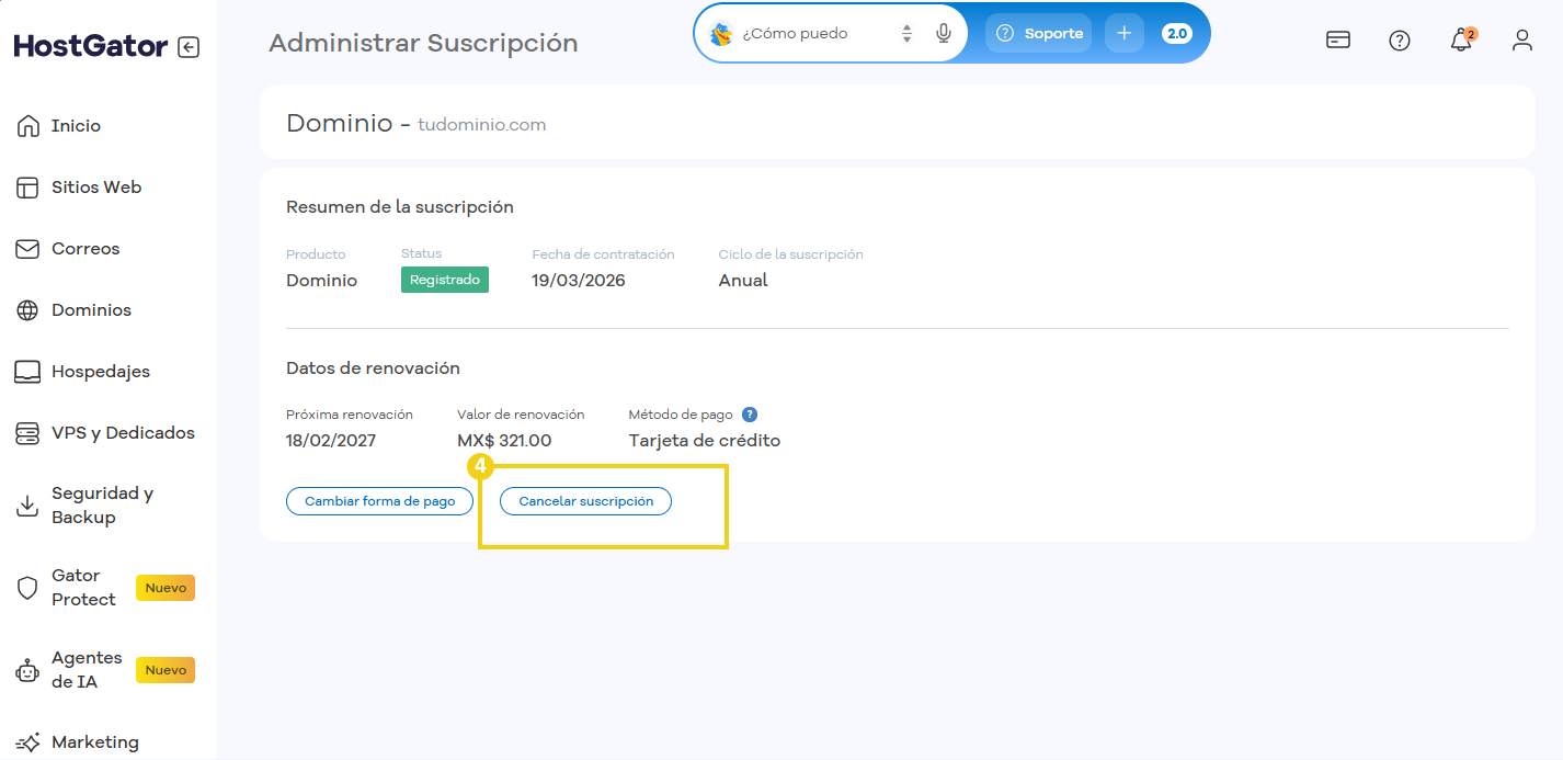 Plataforma HostGator con la opción de cancelar suscripción y el botón Continuar destacados.