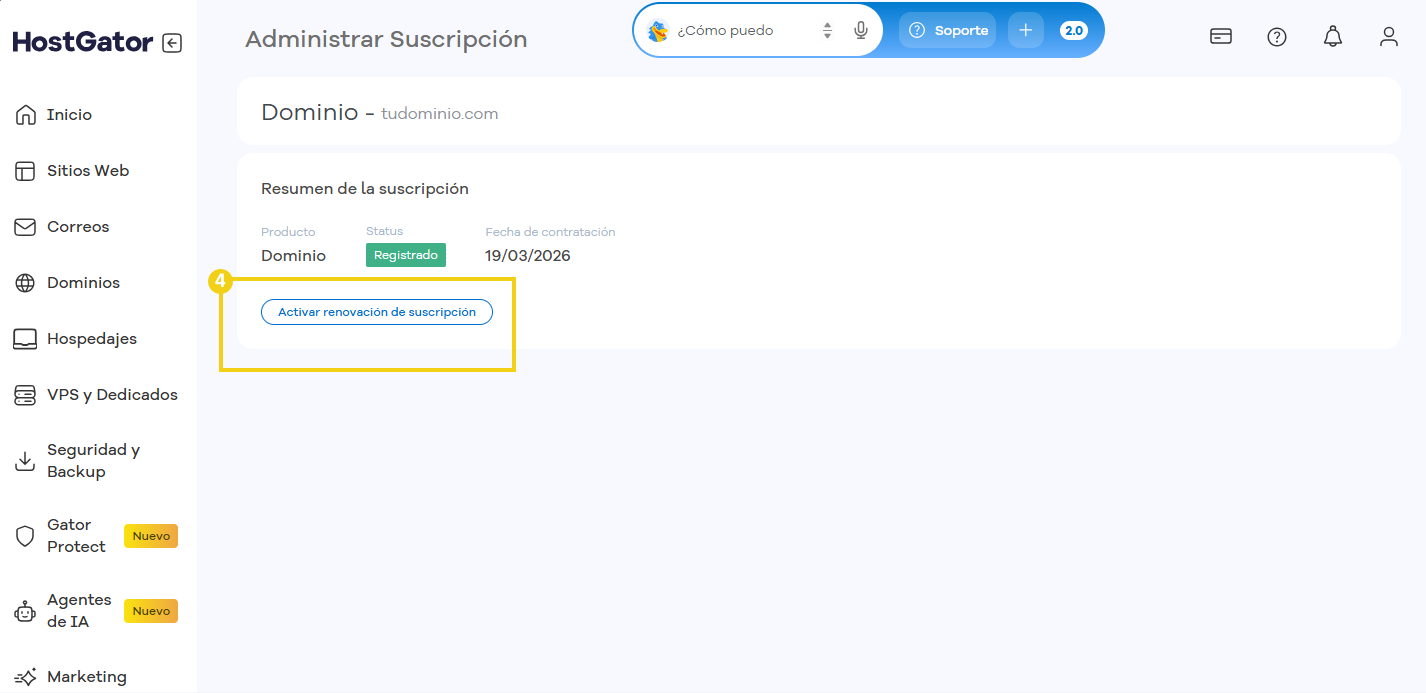 Panel de HostGator con la opción de activar la renovación de la suscripción.