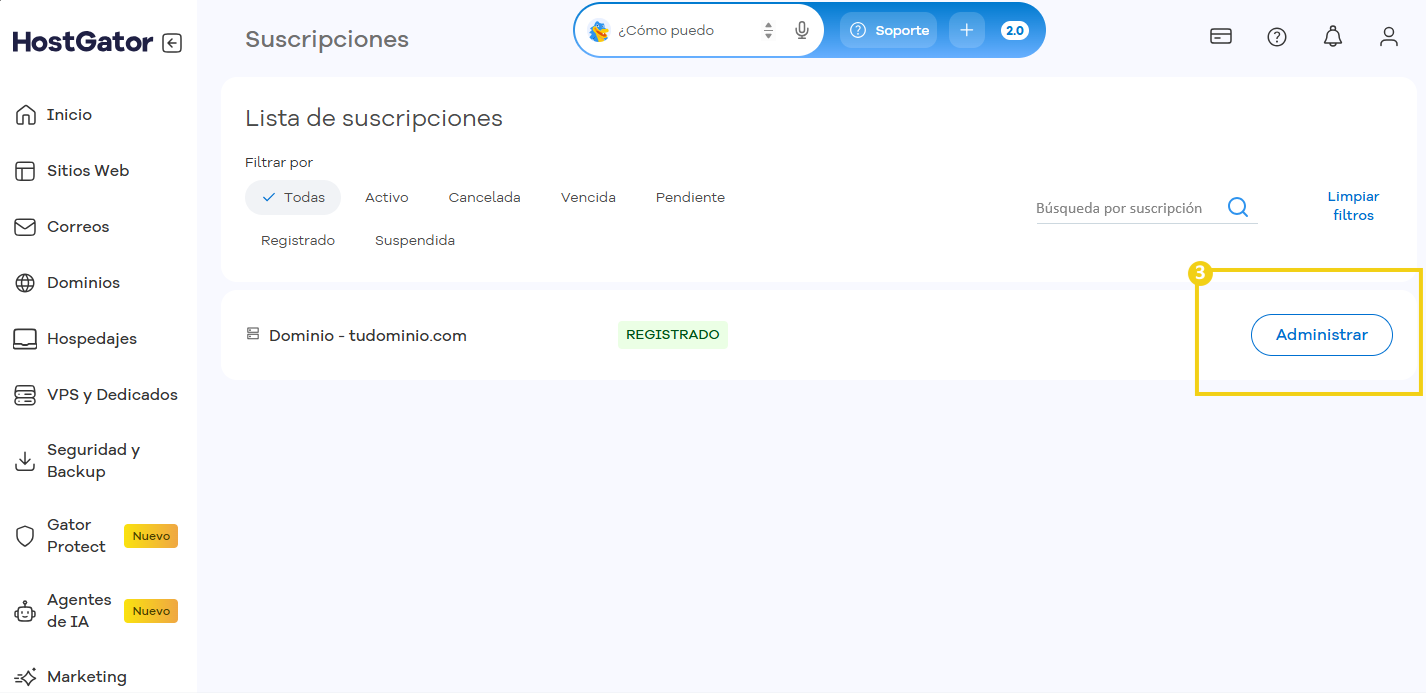 Panel de HostGator con la lista de suscripciones y las opciones de gestión de dominios y del plan.