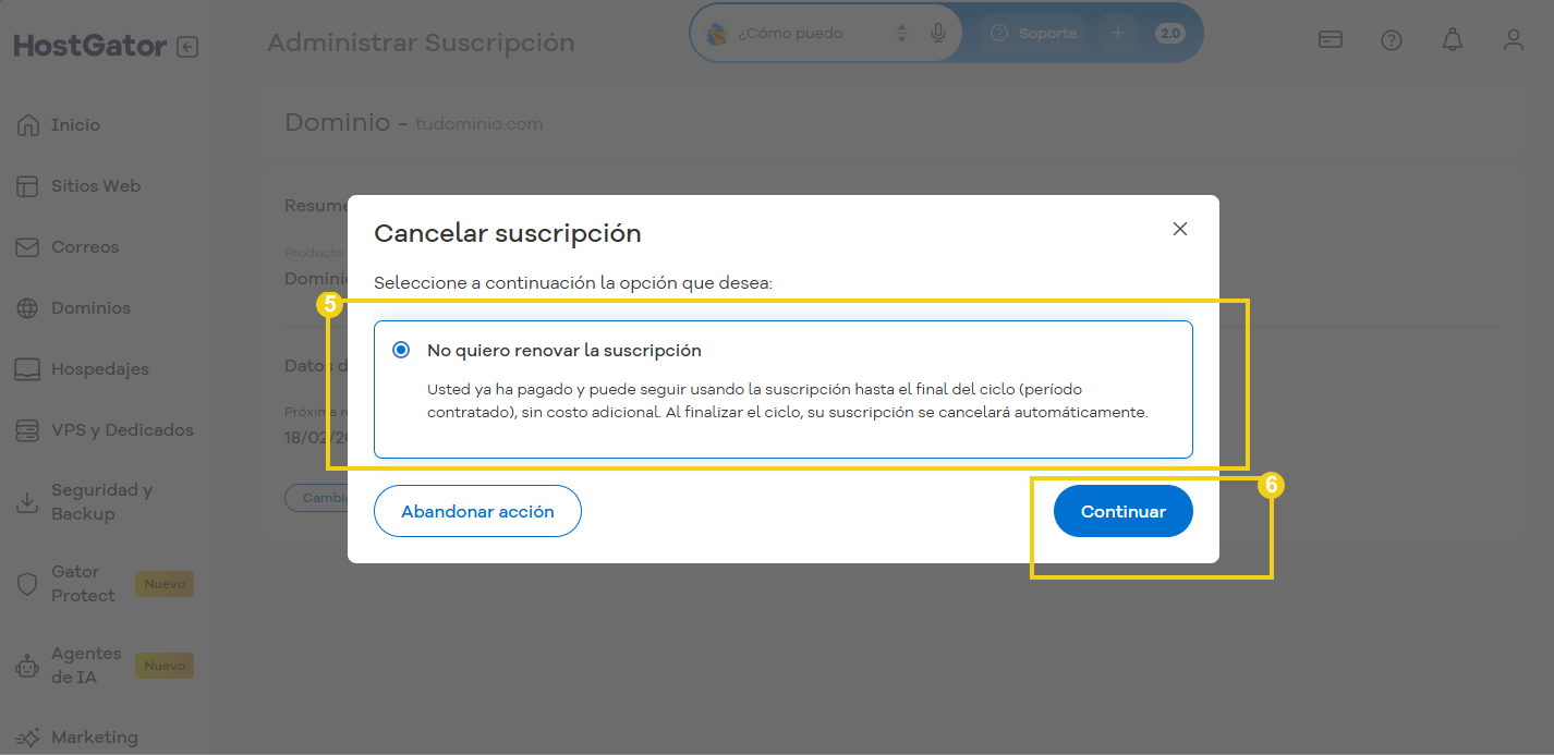 Plataforma HostGator con la opción de cancelar suscripción y el botón Continuar destacados.