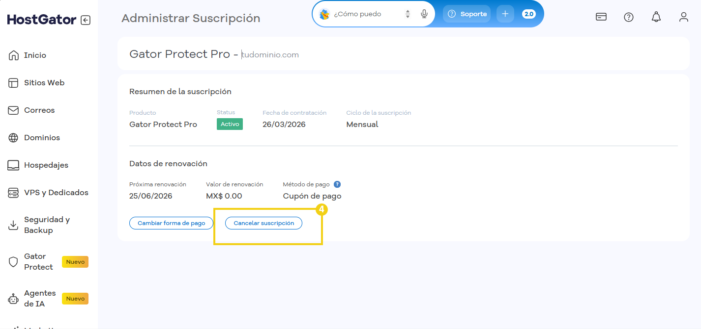 Portal del Cliente de HostGator con el botón Cancelar suscripción destacado.
