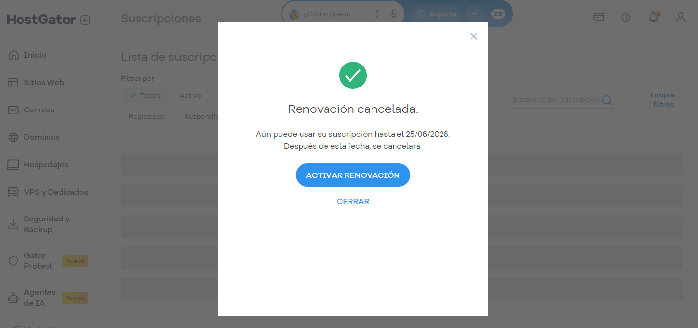 Portal del Cliente de HostGator con la confirmación de la cancelación de la renovación.