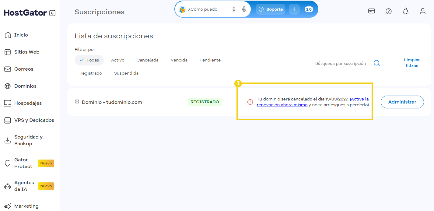 Suscripción en HostGator con el mensaje de alerta para activar la renovación.