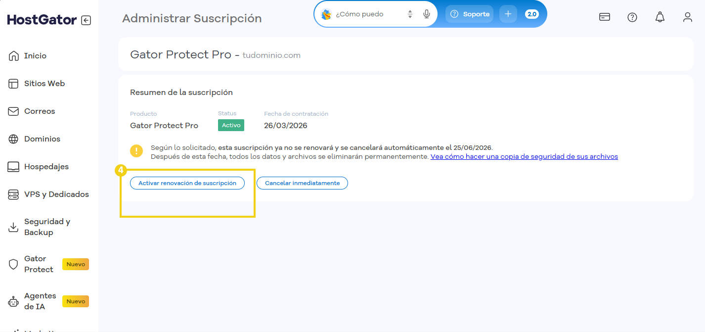 Pantalla de activación de renovación de suscripción en HostGator con el botón Confirmar activación destacado.