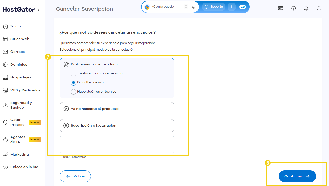 Portal del Cliente en la pantalla de cancelación de renovación, con el campo para describir el motivo.