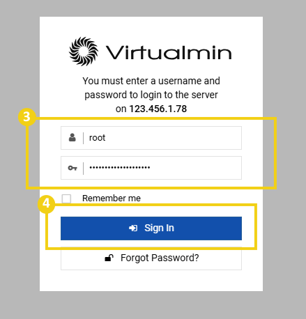 Imagen muestra la pantalla de inicio de sesión de Virtualmin, para informar el usuario, contraseña y hacer clic en el botón "Sign In"
