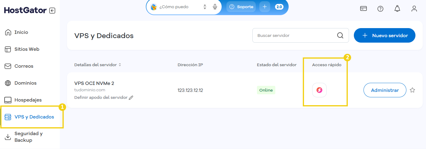 La imagen muestra la página web del Portal del Cliente con "Servidores VPS y Dedicados" indicado en el menú lateral, seguido de los detalles del servidor, resaltando el botón de la aplicación.