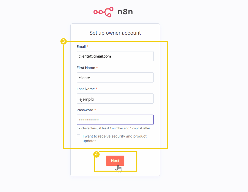 imagen mostrando la pantalla de ingreso por primera vez al n8n para hacer registro