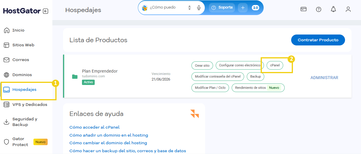 Imagen del portal de clientes de HostGastor, donde se destaca la página de administración del hosting y el botón de cPanel.