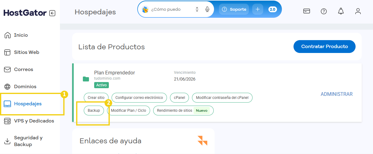 Imagen de la pantalla de administración del alojamiento desde el Portal del Cliente, donde se destaca el botón "Copia de seguridad".